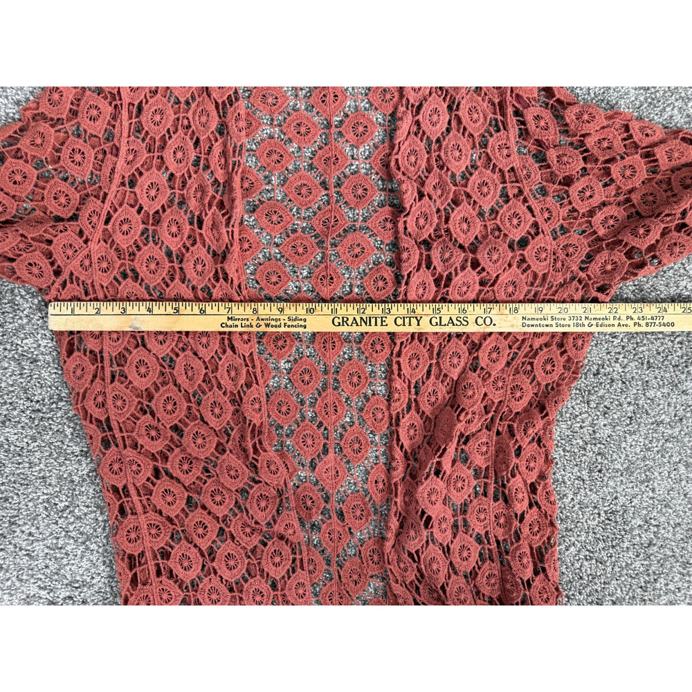 Boho Crochet Fringe Cardigan Rust Open Knit Festival Kimono Duster S - Picture 5 of 8
